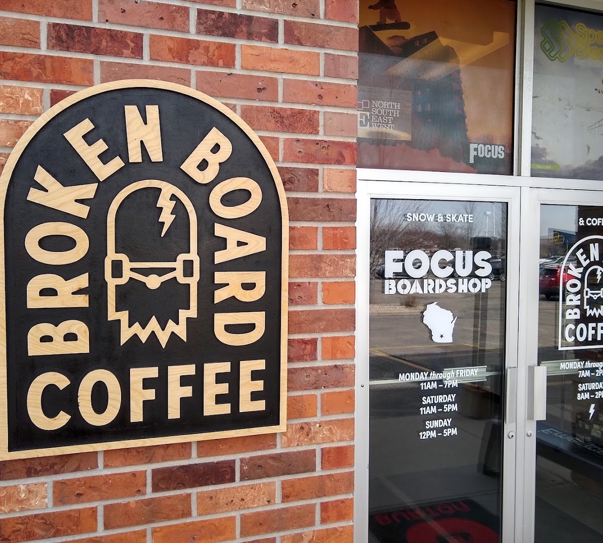 Signage at Broken Board Coffee, specialty coffee shop in Madison