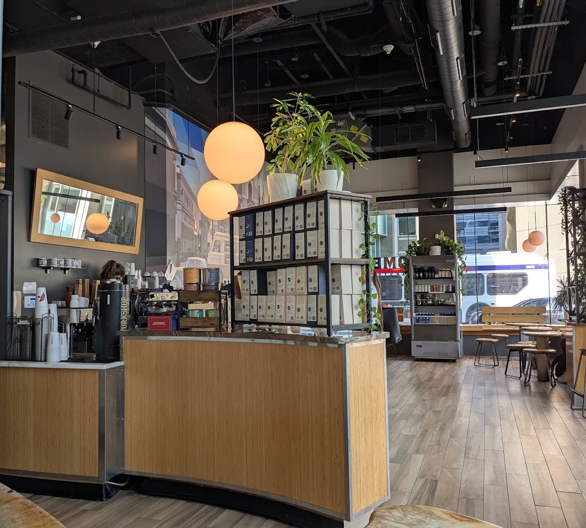 Interior of La Colombe Coffee Workshop, specialty coffee shop in Philadelphia
