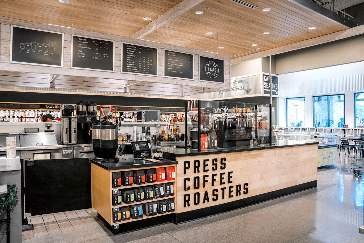 Interior of Press Coffee - Sprouts Gainey, specialty coffee shop in Scottsdale