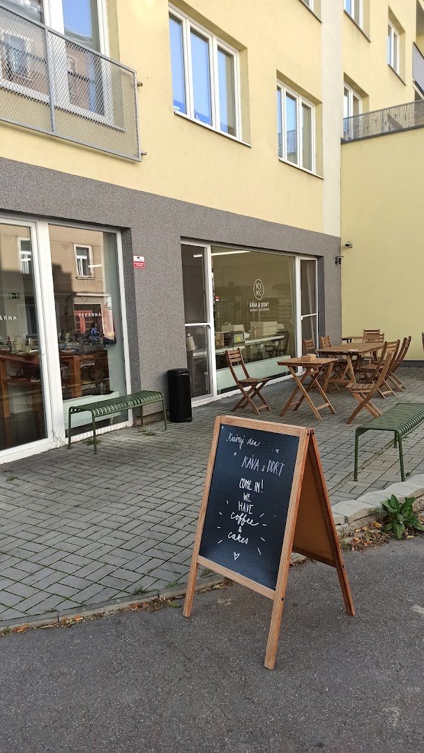 Storefront of Káva&Dort, specialty coffee shop in Prague