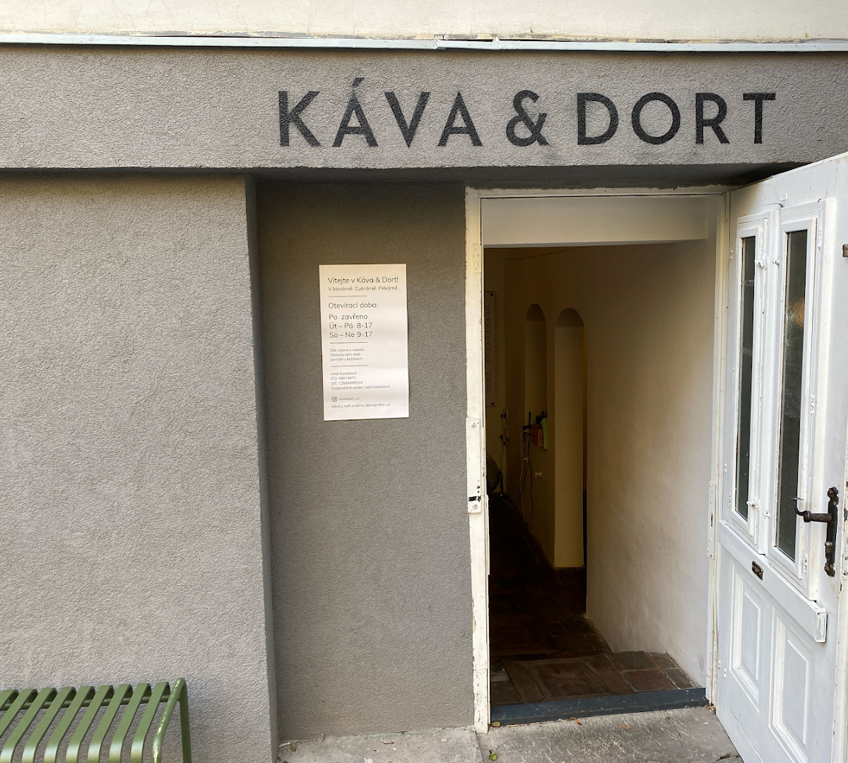 Storefront of Káva&Dort, specialty coffee shop in Prague