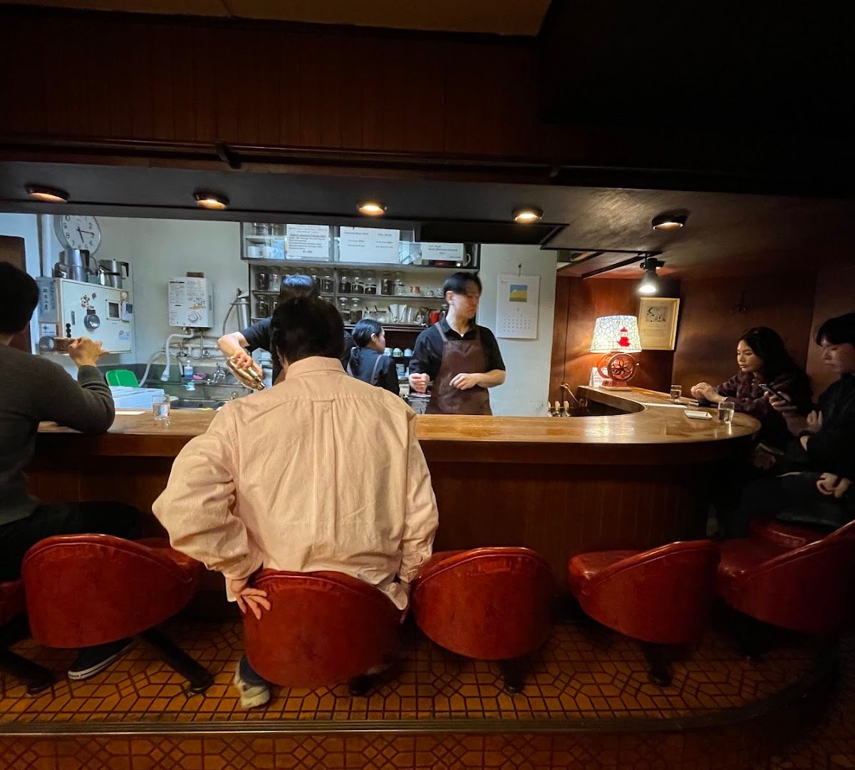 Interior of Cafe de l'ambre, specialty coffee shop in Tokyo