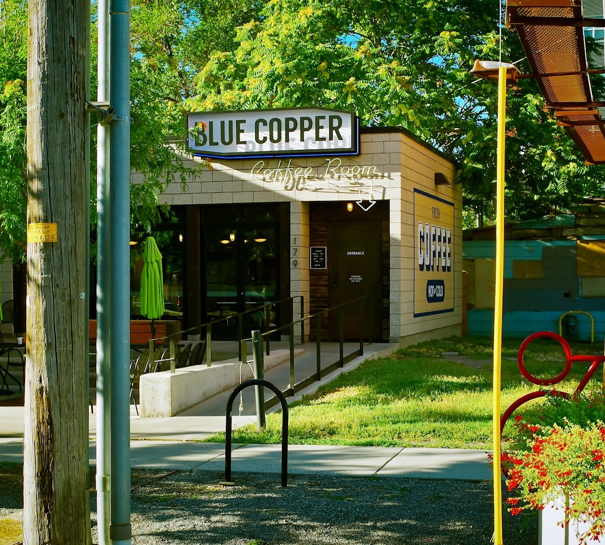 Storefront of Blue Copper Coffee Room, specialty coffee shop in Salt Lake City