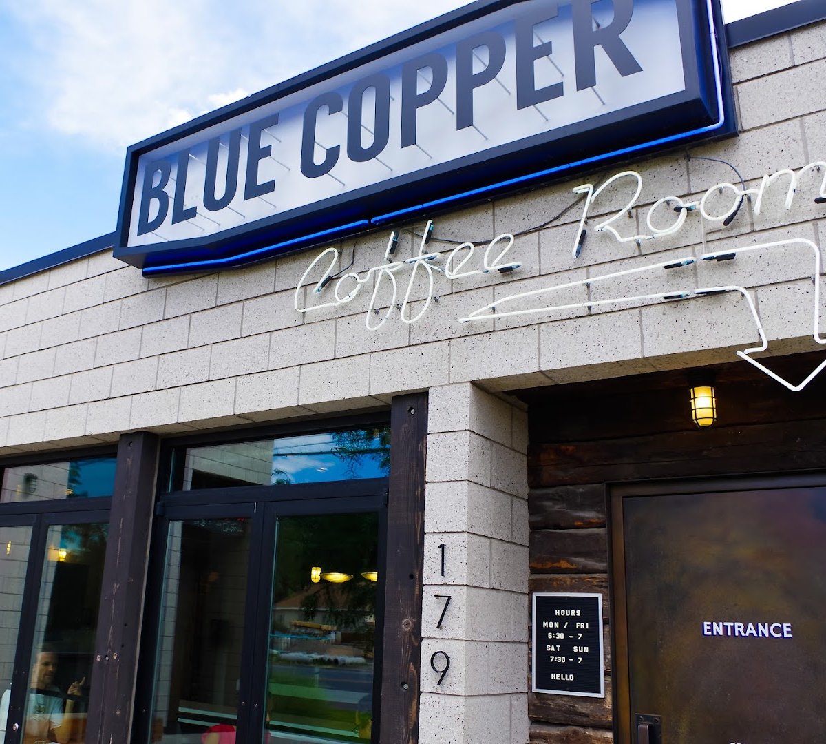 Storefront of Blue Copper Coffee Room, specialty coffee shop in Salt Lake City