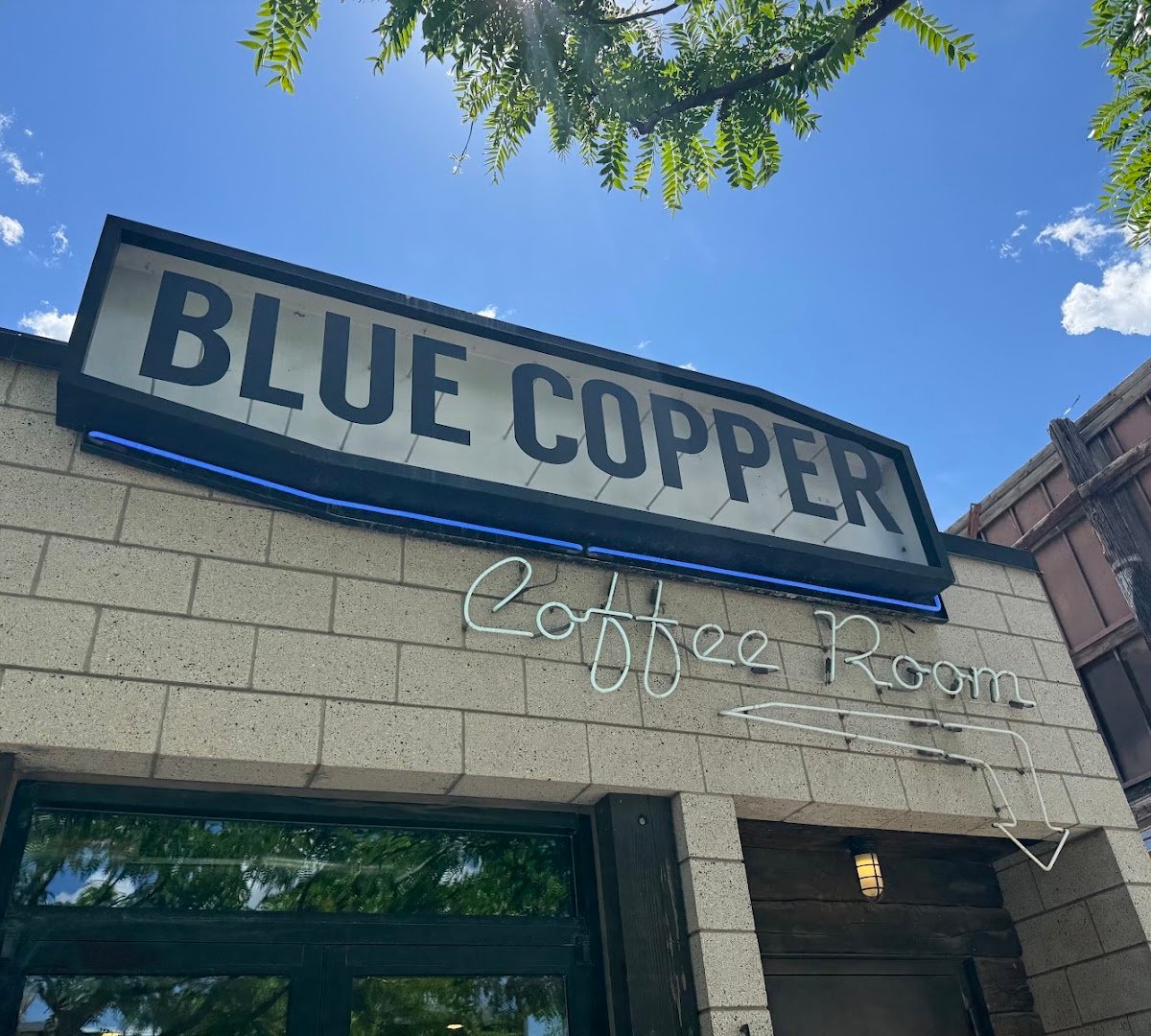 Storefront of Blue Copper Coffee Room, specialty coffee shop in Salt Lake City