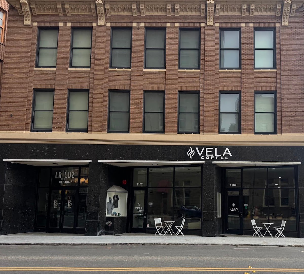 Storefront of Vela Coffee, specialty coffee shop in San Antonio
