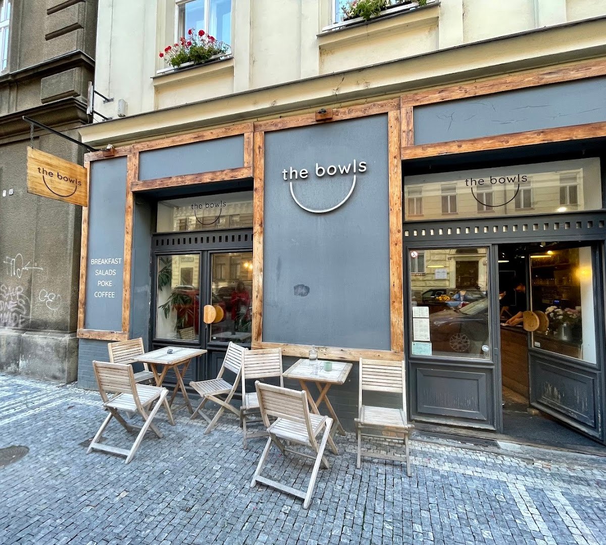 Storefront of the bowls, specialty coffee shop in Prague