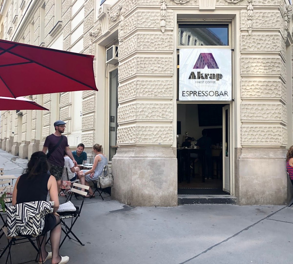 Storefront of Akrap Espressobar, specialty coffee shop in Vienna