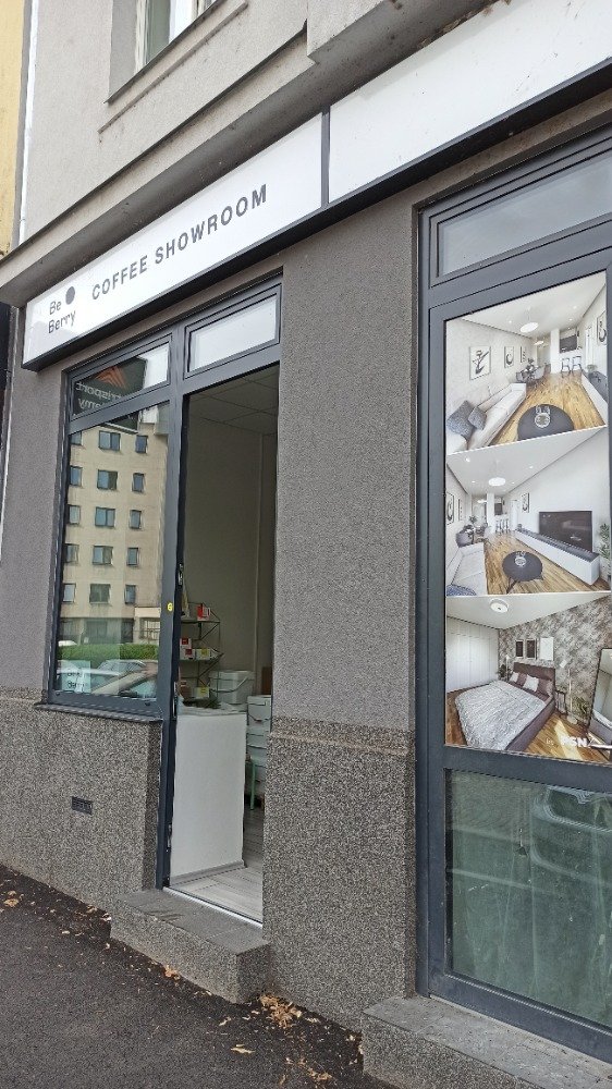 Storefront of BeBerry Coffee Showroom, specialty coffee shop in Prague