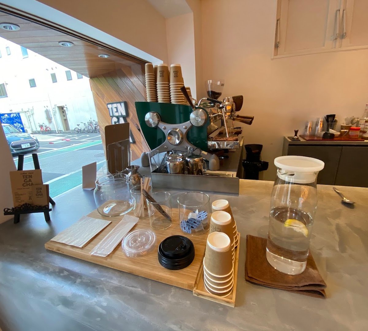 Interior of coffee stand TENGACHA, specialty coffee shop in Osaka