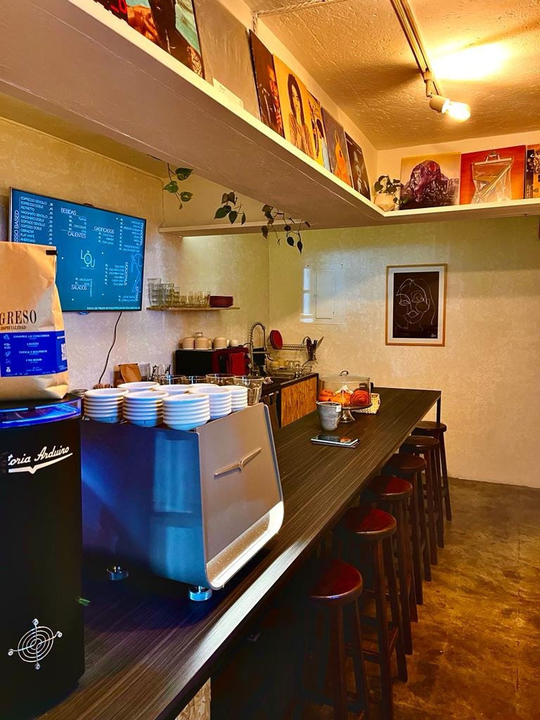 Interior of LOU Brew Bar, specialty coffee shop in Mexico City
