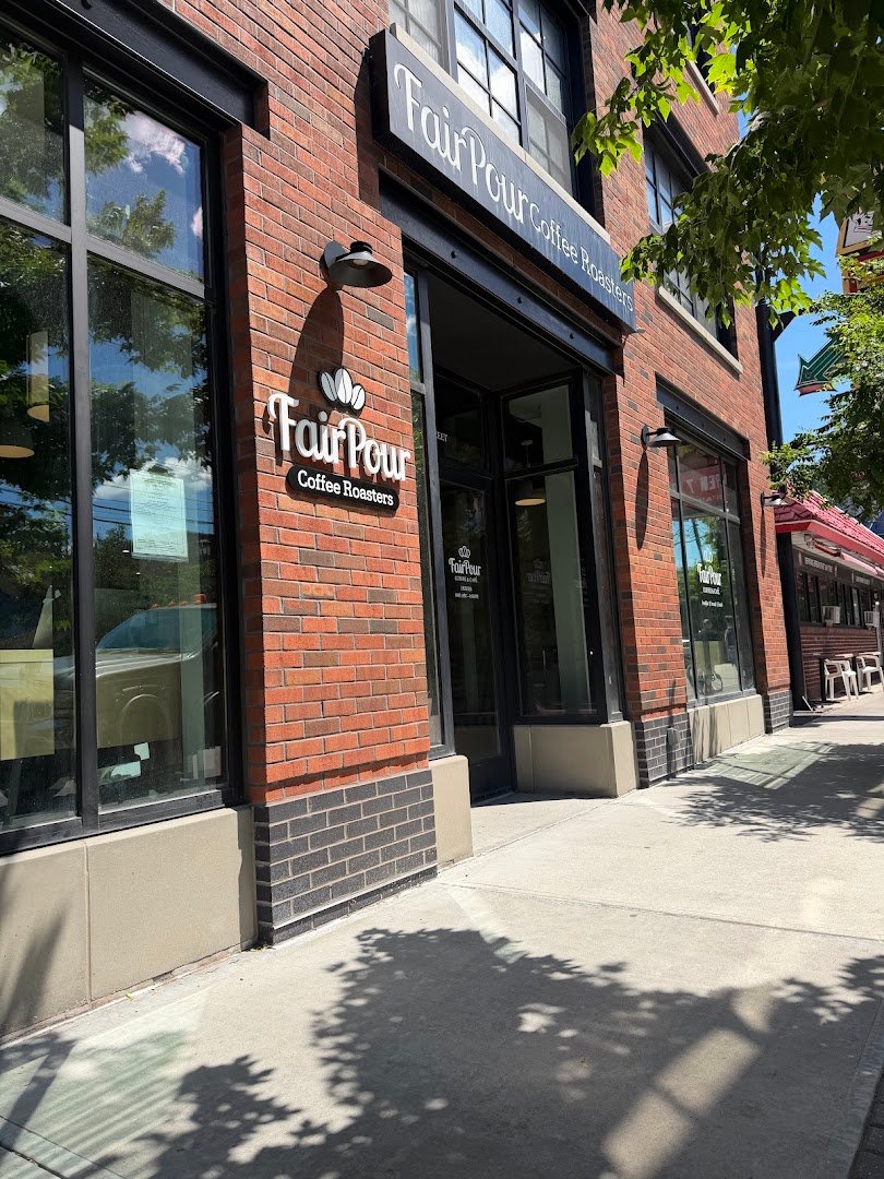 Storefront of FairPour Coffee Roasters, specialty coffee shop in Ithaca