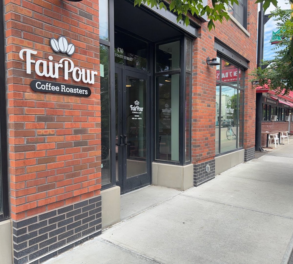 Storefront of FairPour Coffee Roasters, specialty coffee shop in Ithaca