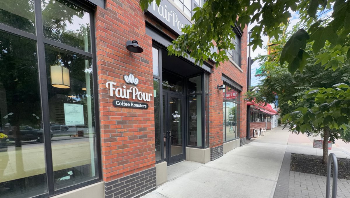 Storefront of FairPour Coffee Roasters, specialty coffee shop in Ithaca