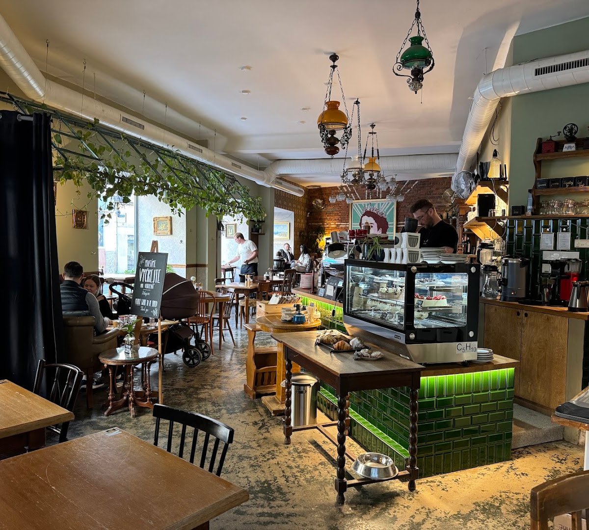 Interior of The FLAT cafe, specialty coffee shop in Prague