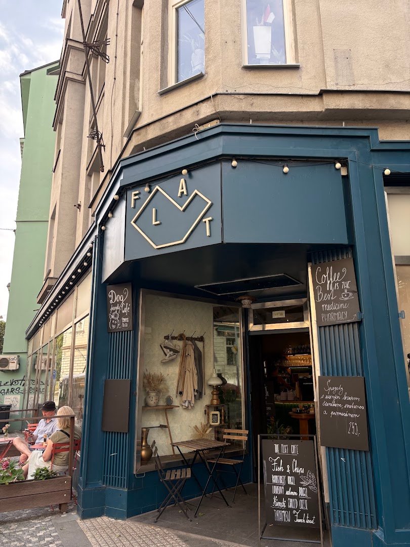 Storefront of The FLAT cafe, specialty coffee shop in Prague