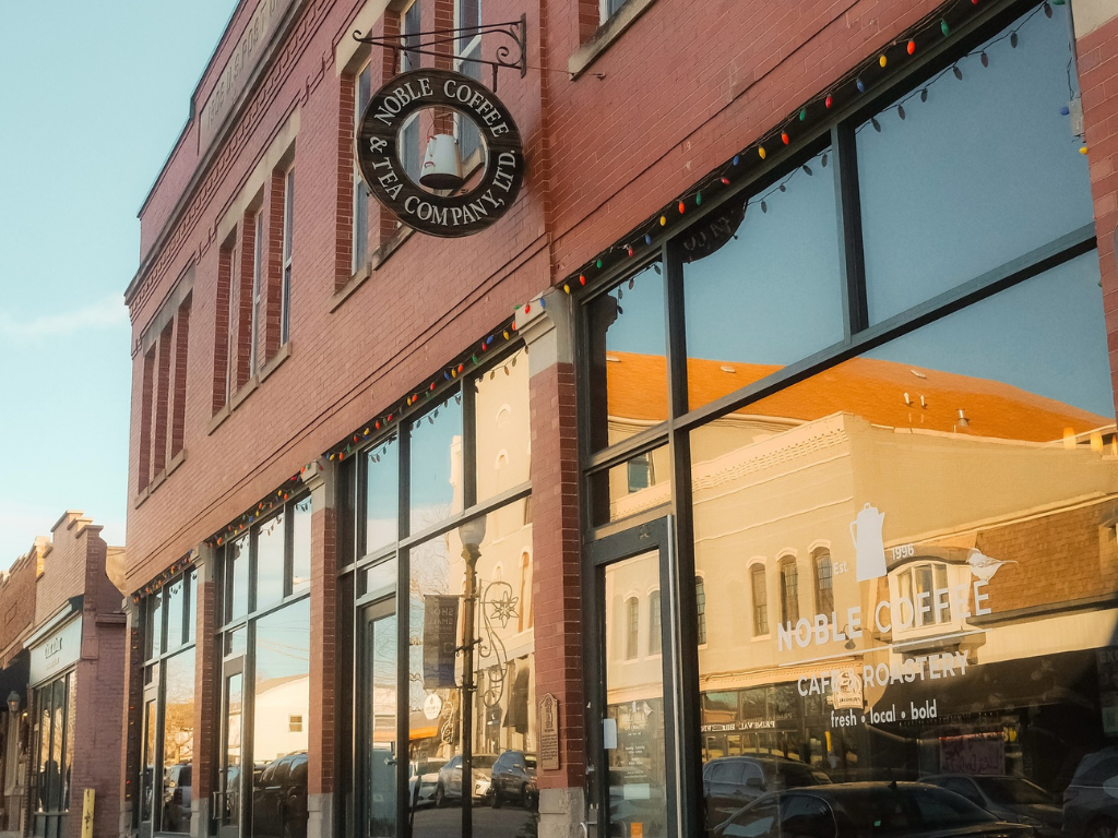 Storefront of Noble Coffee & Tea Company, specialty coffee shop in Indianapolis