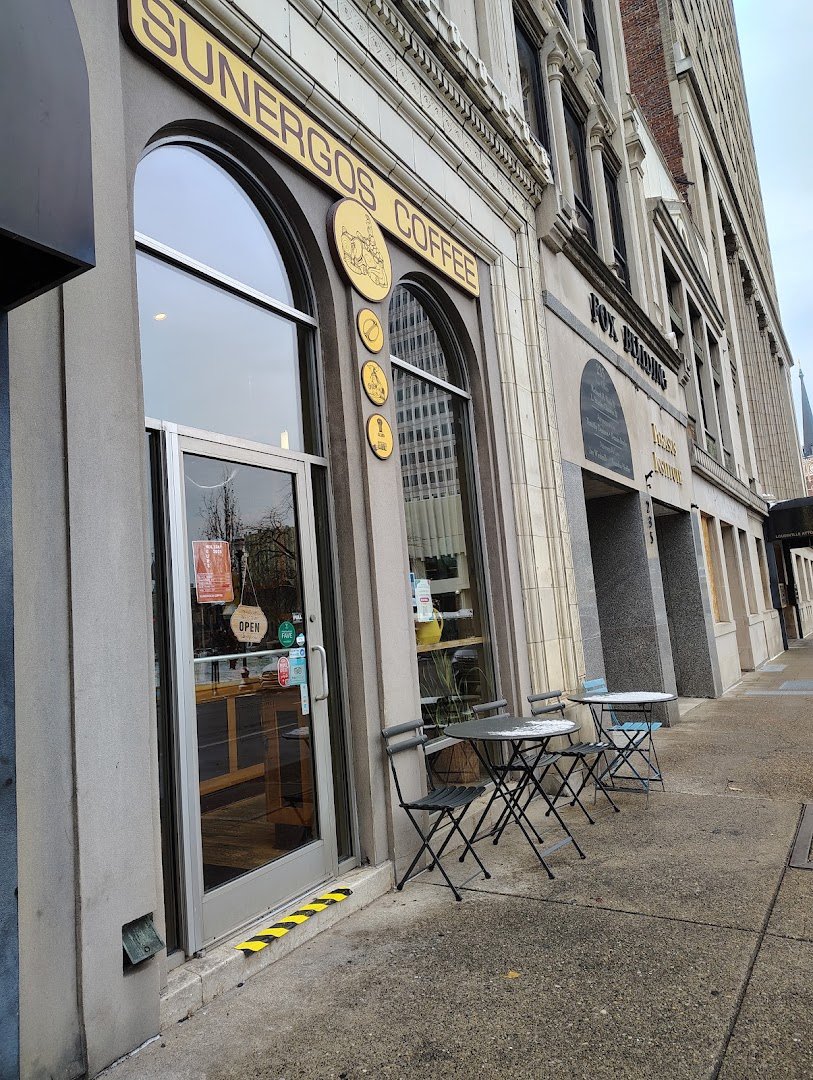 Storefront of Sunergos Coffee, specialty coffee shop in Louisville