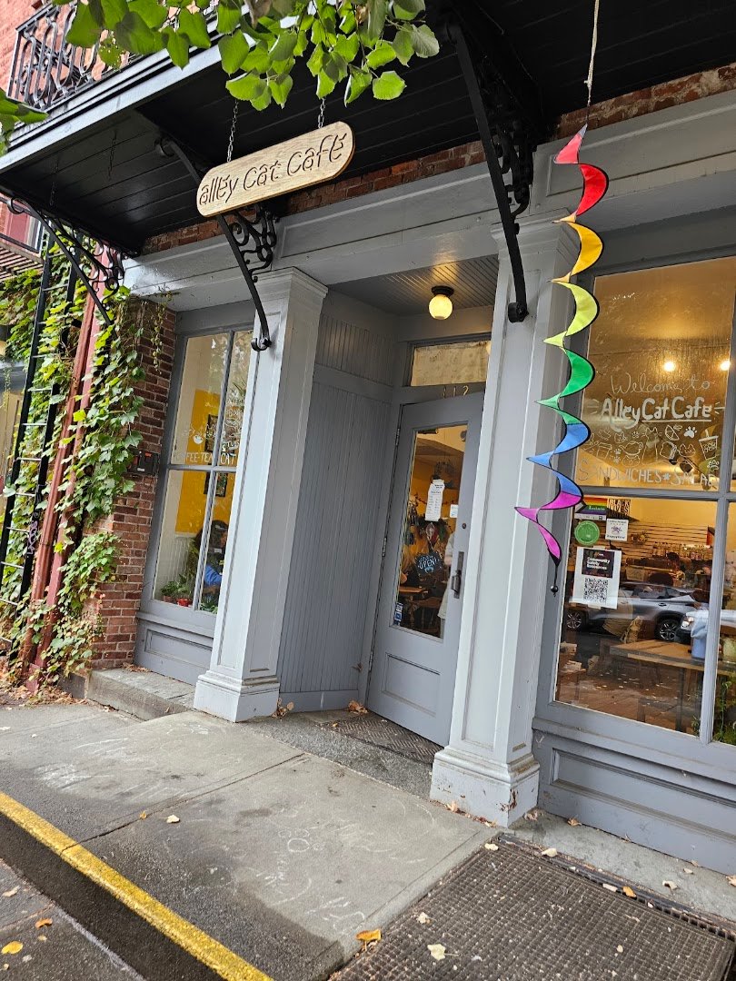 Storefront of Alley Cat Cafe, specialty coffee shop in Ithaca