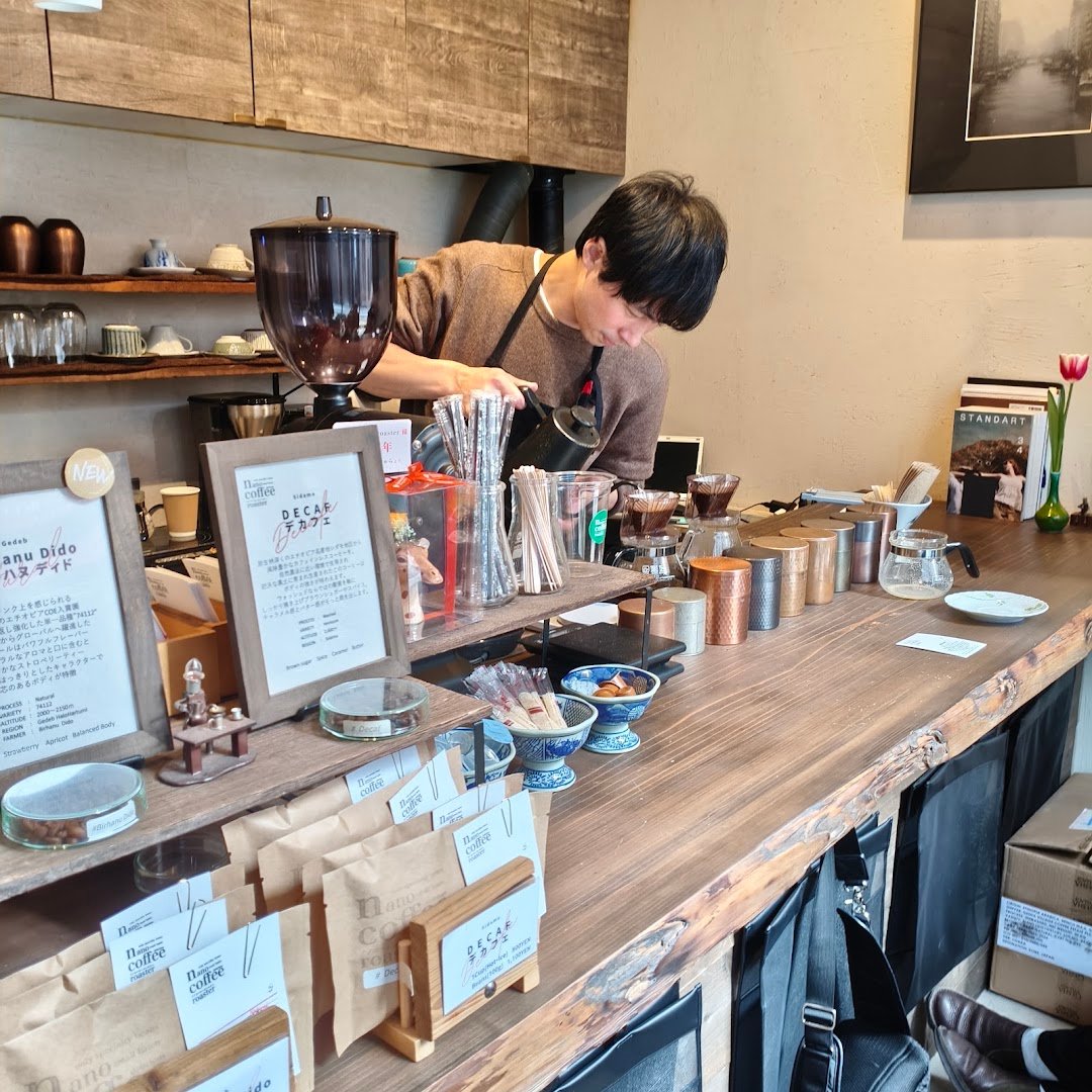 Interior of nano-coffeeroaster, specialty coffee shop in Tokyo