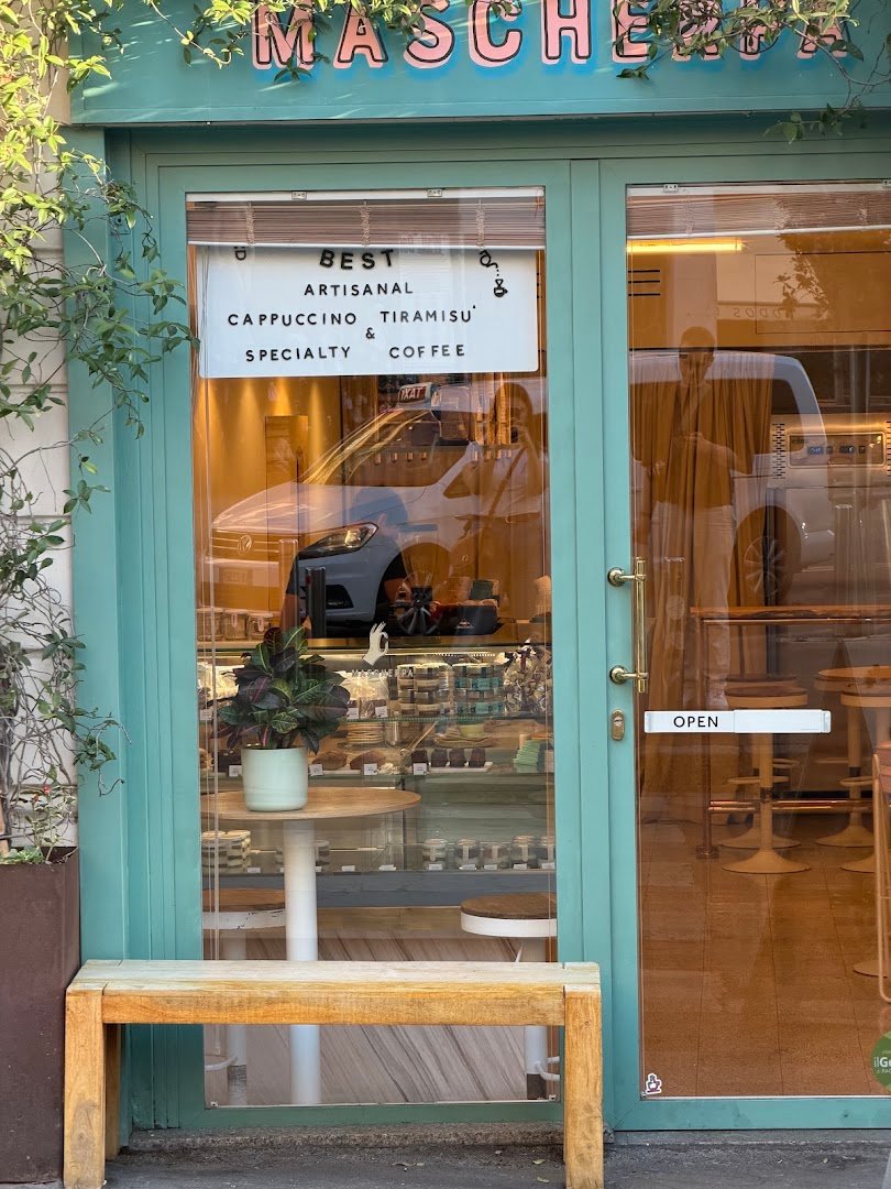 Storefront of Mascherpa the original tiramisù boutique + specialty coffee, specialty coffee shop in Milan