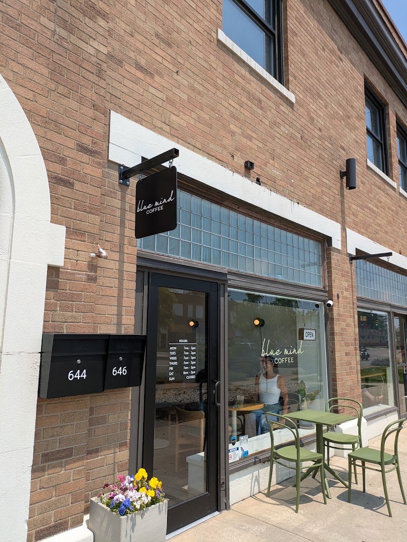 Storefront of Blue Mind Coffee, specialty coffee shop in Indianapolis