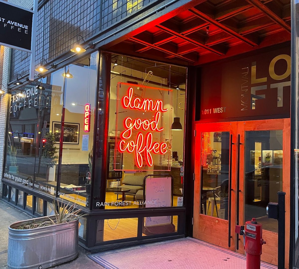 Storefront of First Avenue Coffee, specialty coffee shop in Spokane