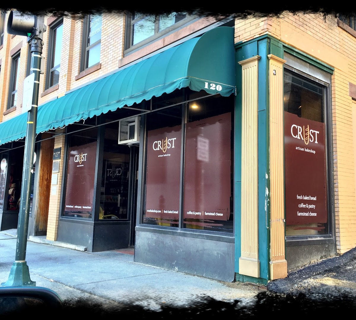 Storefront of Crust Artisan Bakeshop, specialty coffee shop in Worcester