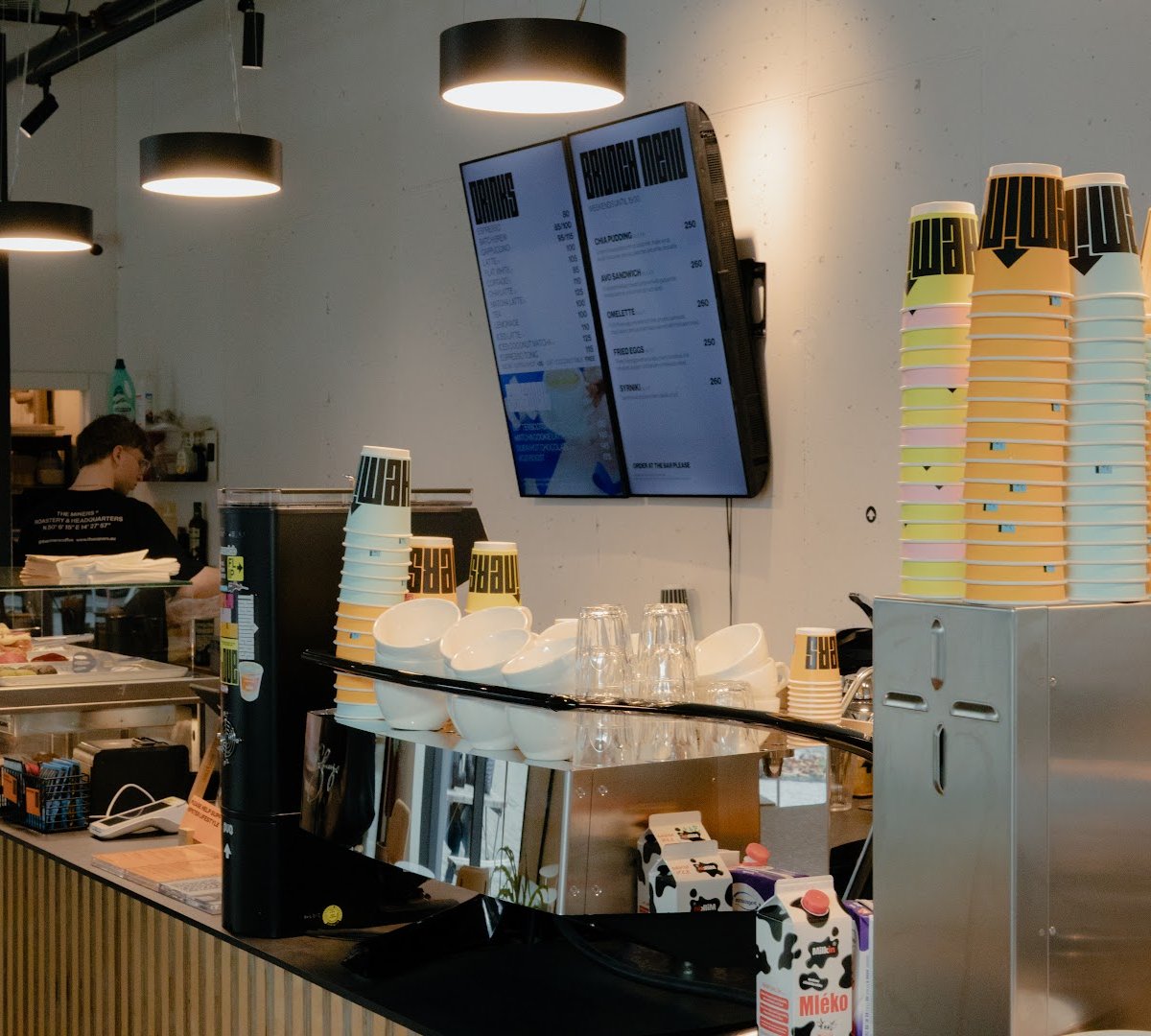 Interior of The Miners Coffee Churchill, specialty coffee shop in Prague