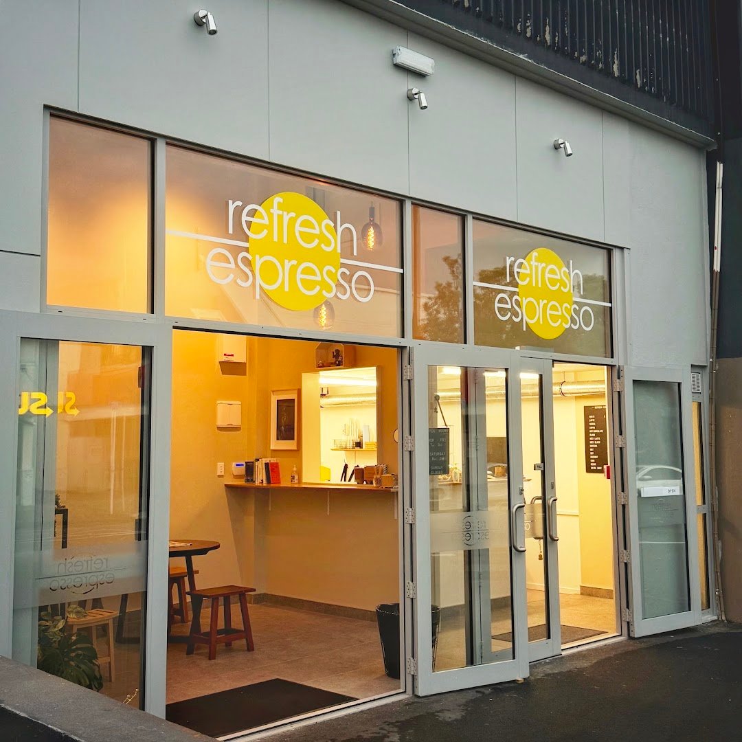 Storefront of Refresh Espresso, specialty coffee shop in Wellington