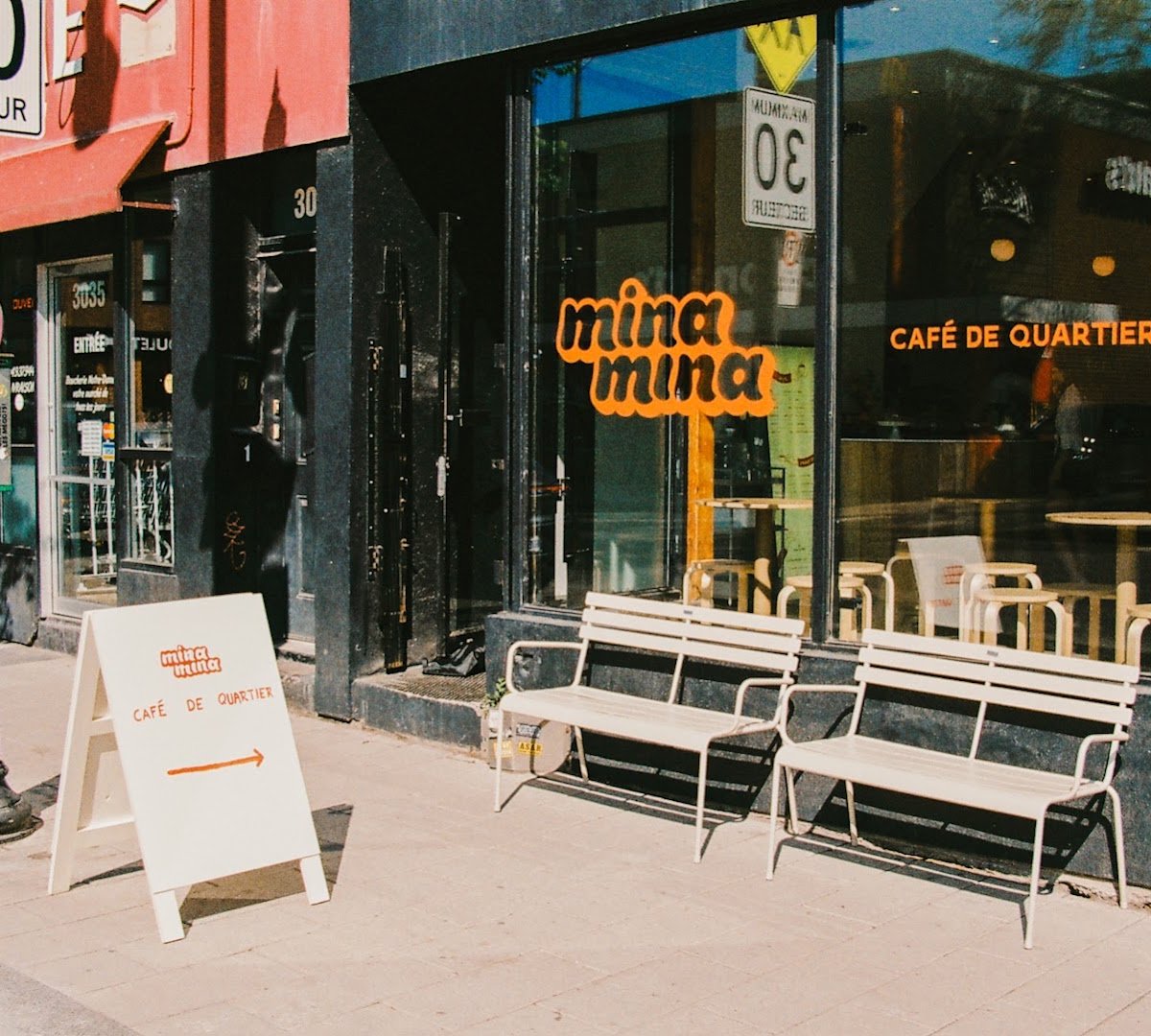 Storefront of Cafe Mina Mina, specialty coffee shop in Montreal