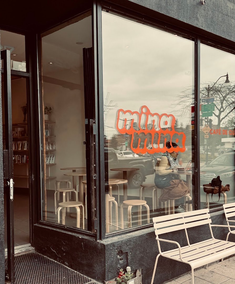 Storefront of Cafe Mina Mina, specialty coffee shop in Montreal