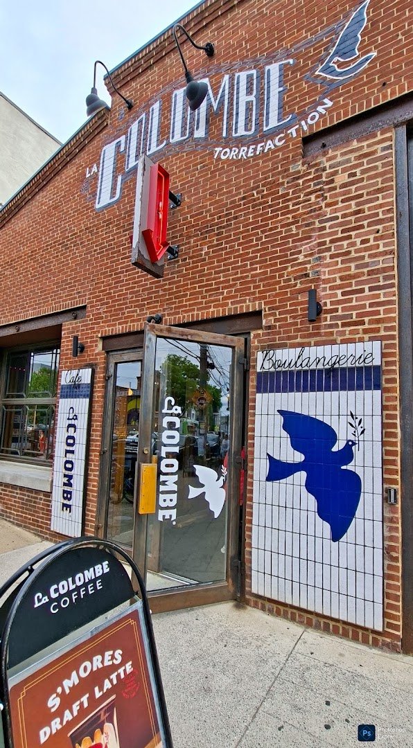 Storefront of La Colombe Coffee Workshop, specialty coffee shop in Philadelphia