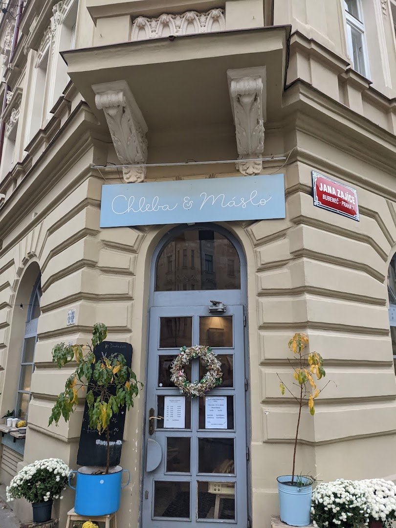 Storefront of Chleba a máslo, specialty coffee shop in Prague