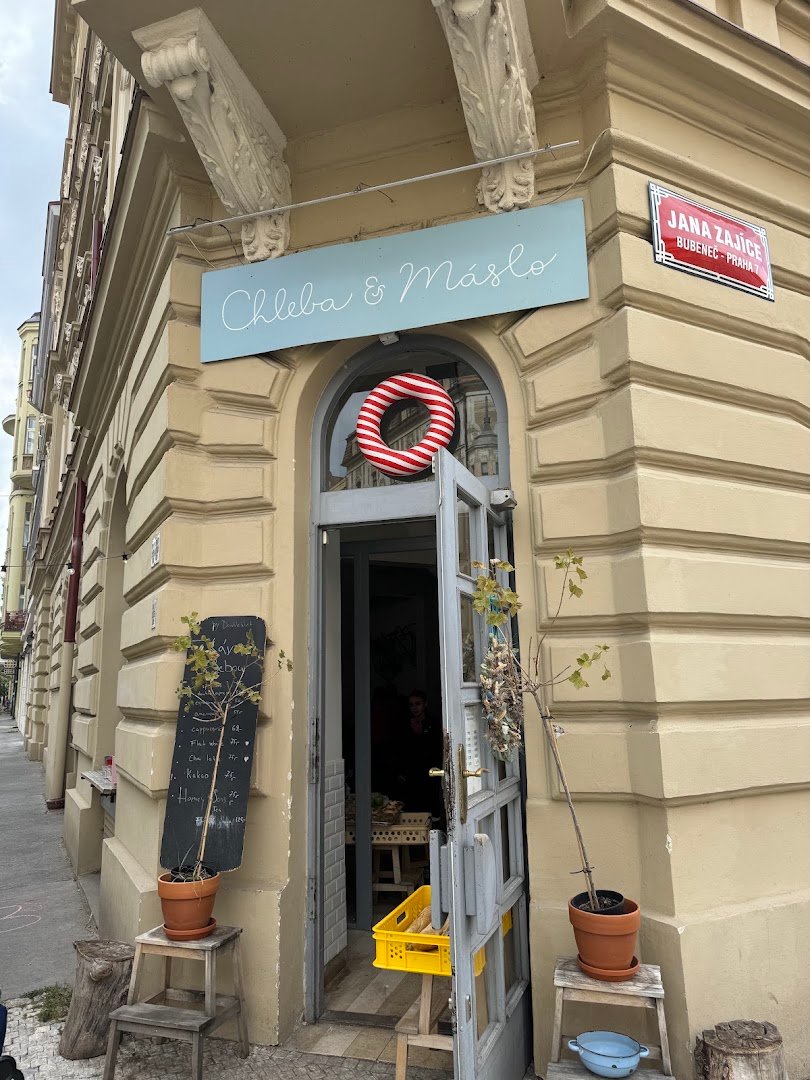 Storefront of Chleba a máslo, specialty coffee shop in Prague