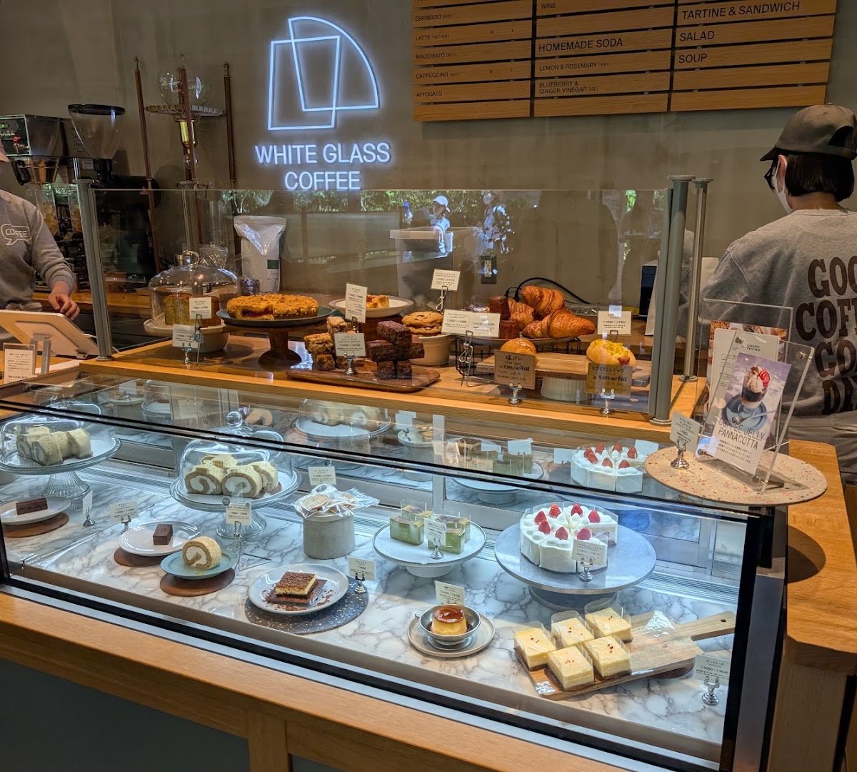 Interior of WHITE GLASS COFFEE, specialty coffee shop in Tokyo