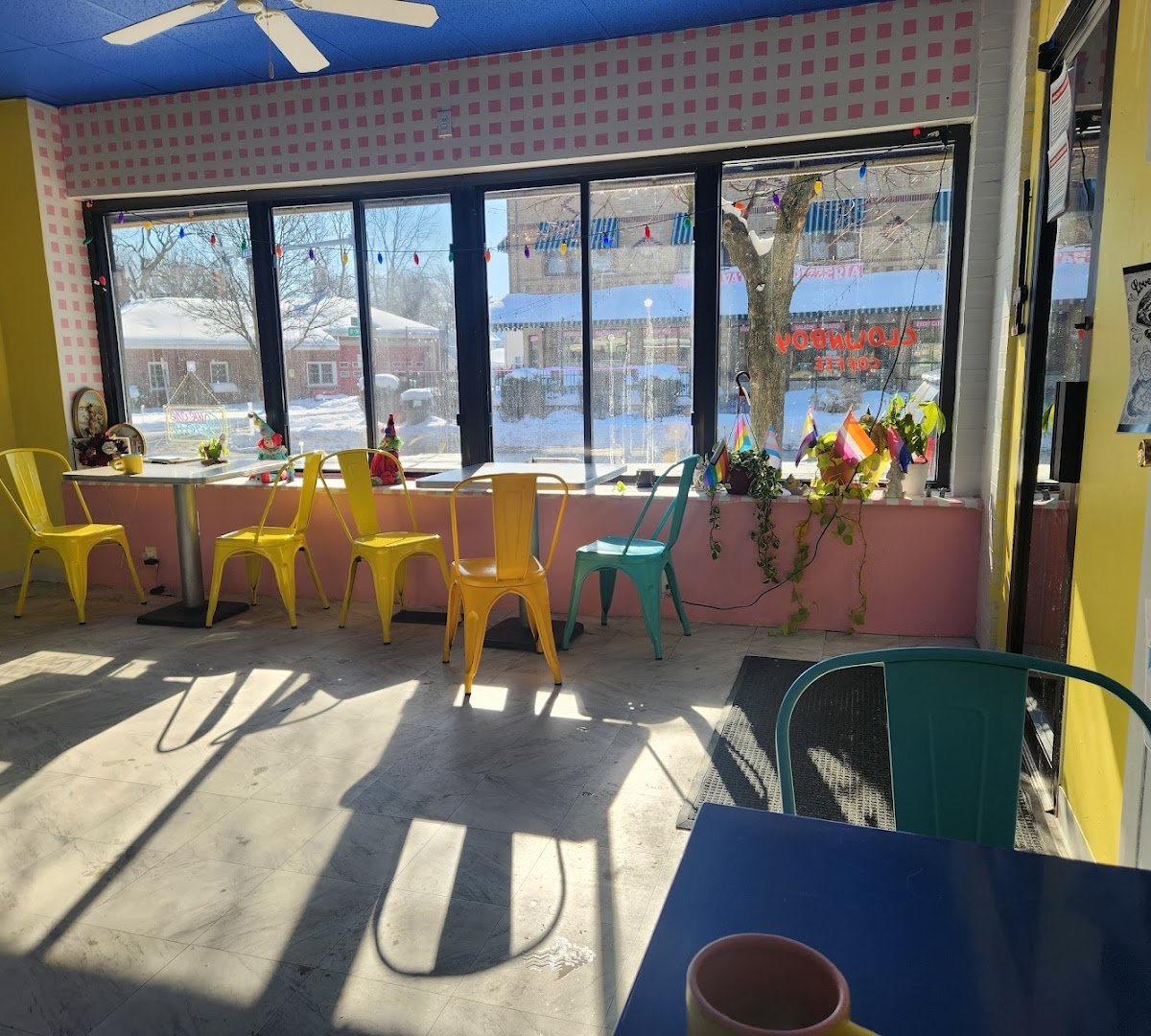 Interior of Clownboy Coffee, specialty coffee shop in Rochester