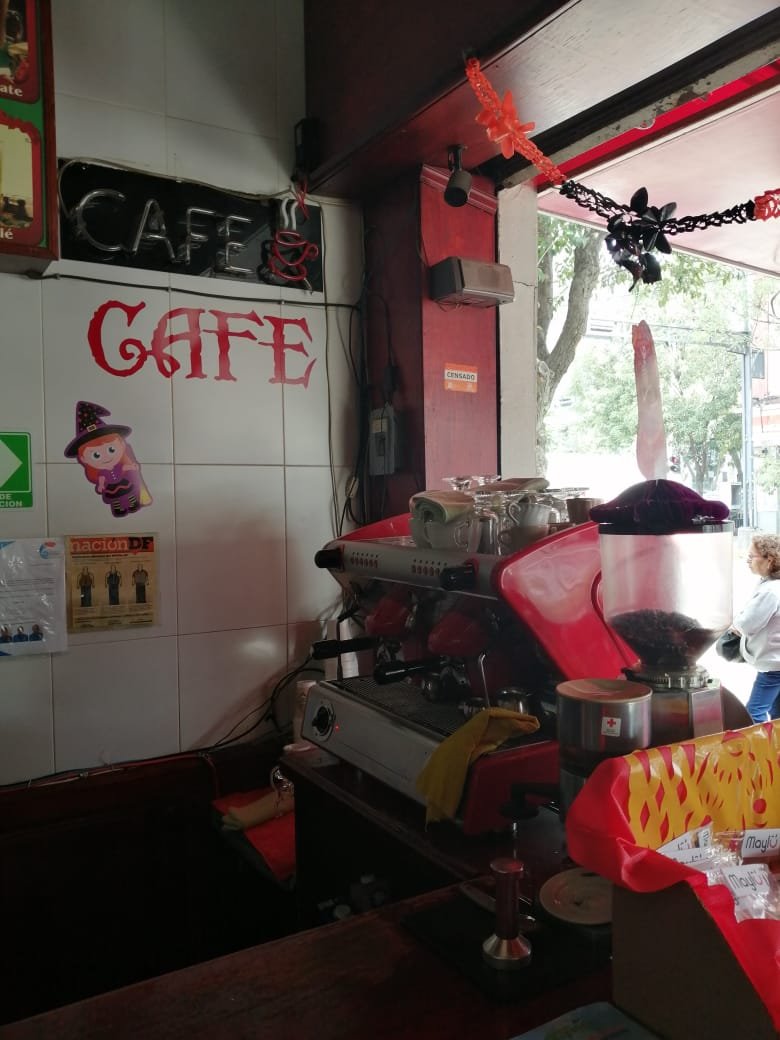 Interior of Café el Cordobes, specialty coffee shop in Mexico City