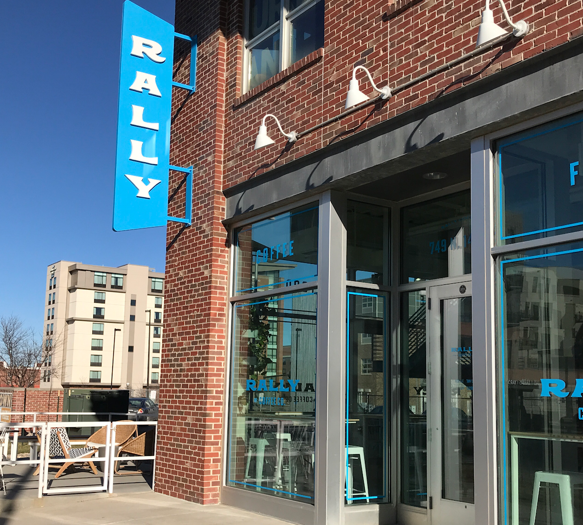 Storefront of Rally Coffee Co., specialty coffee shop in Omaha