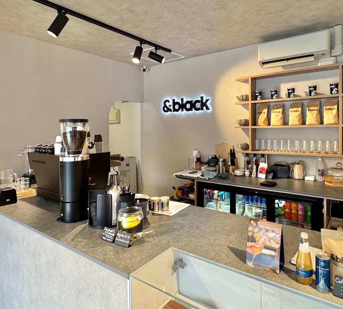 Interior of &black, specialty coffee shop in Auckland