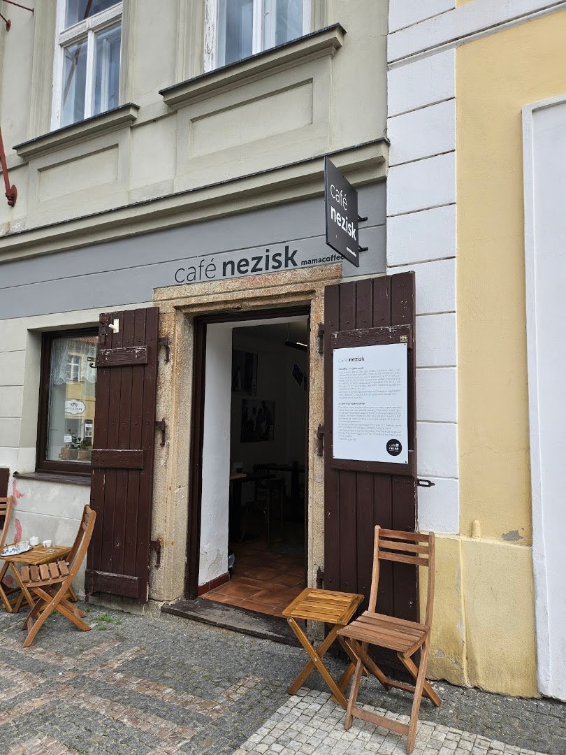 Storefront of Café Nezisk, specialty coffee shop in Prague
