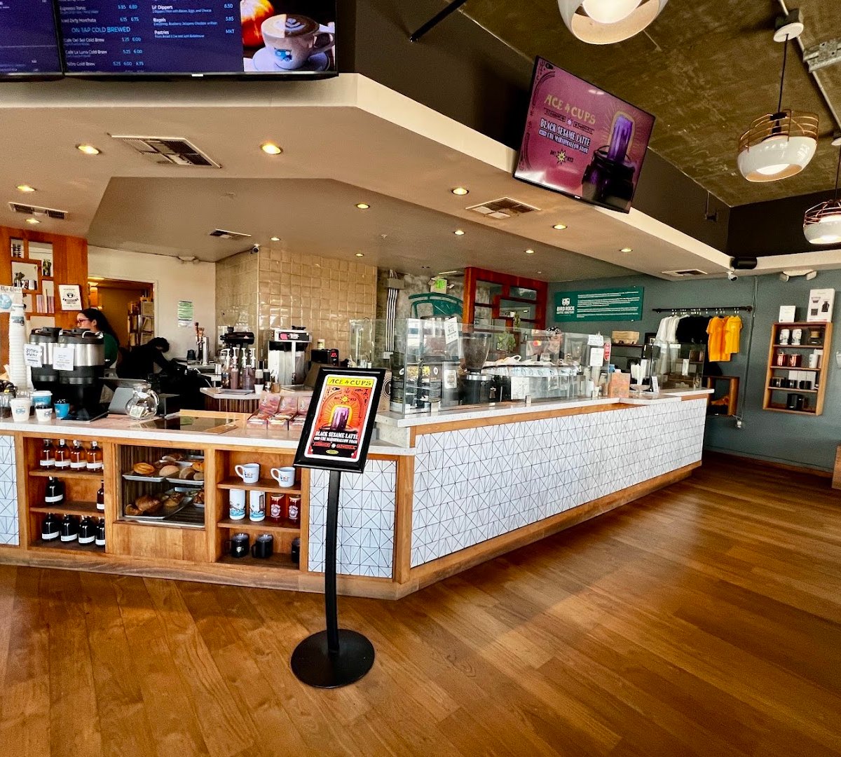 Interior of Bird Rock Coffee Roasters, specialty coffee shop in San Diego