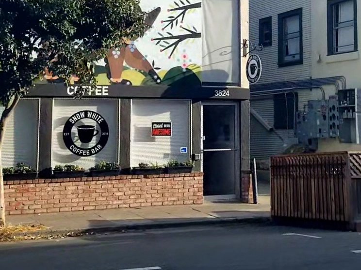 Storefront of Snow White Coffee, specialty coffee shop in Oakland