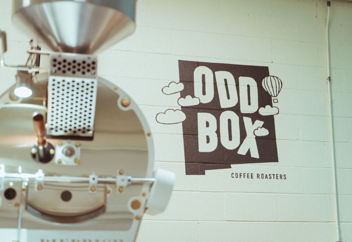 Signage at Odd Box Coffee Roasters, specialty coffee shop in Santa Fe