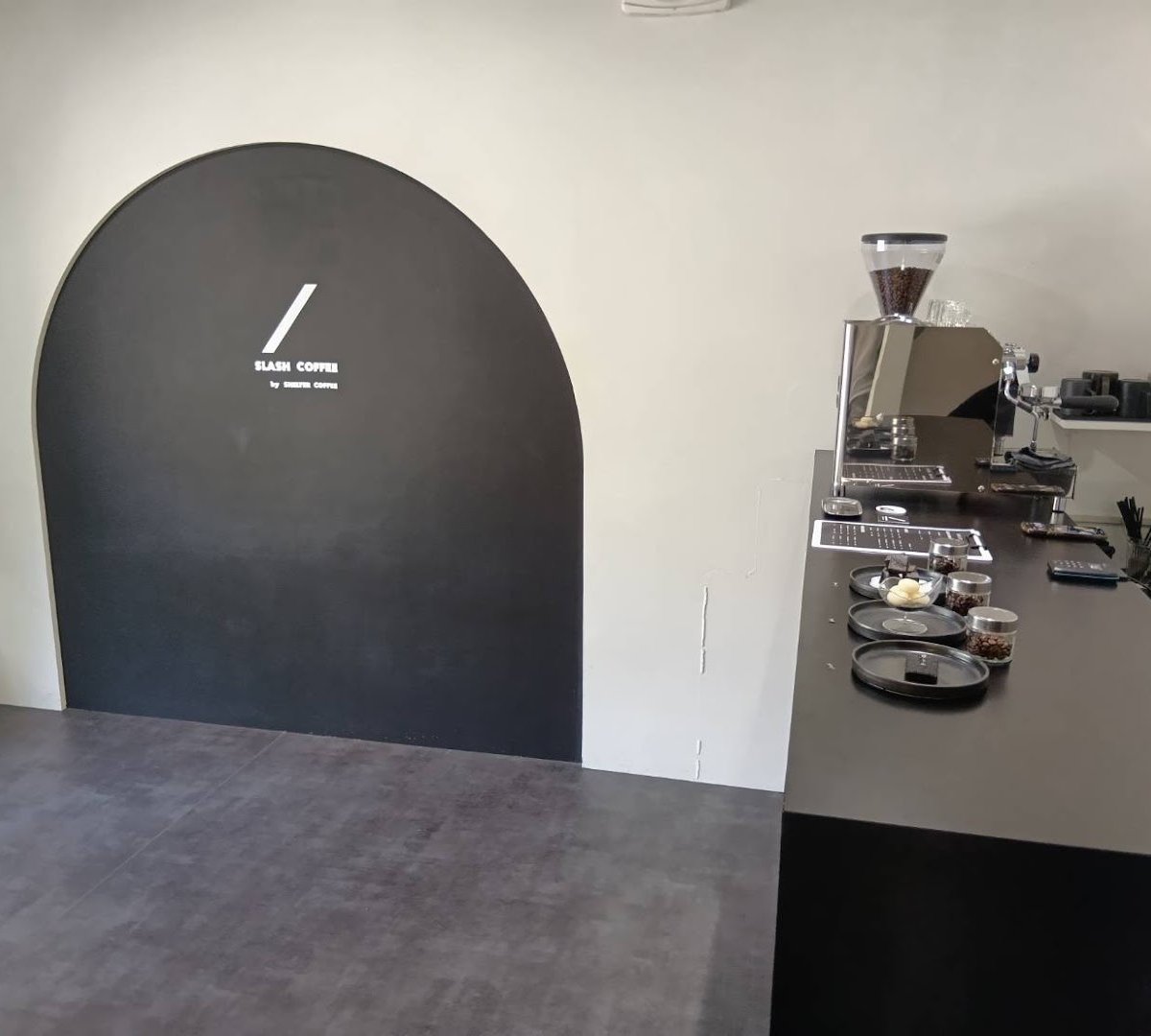 Interior of SLASH COFFEE, specialty coffee shop in Osaka