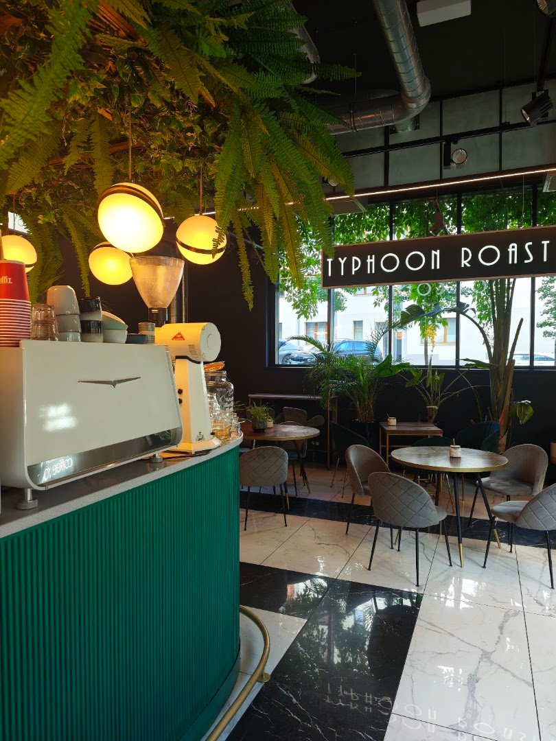 Interior of Typhoon Coffee, specialty coffee shop in Prague