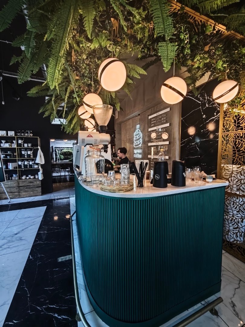 Interior of Typhoon Coffee, specialty coffee shop in Prague