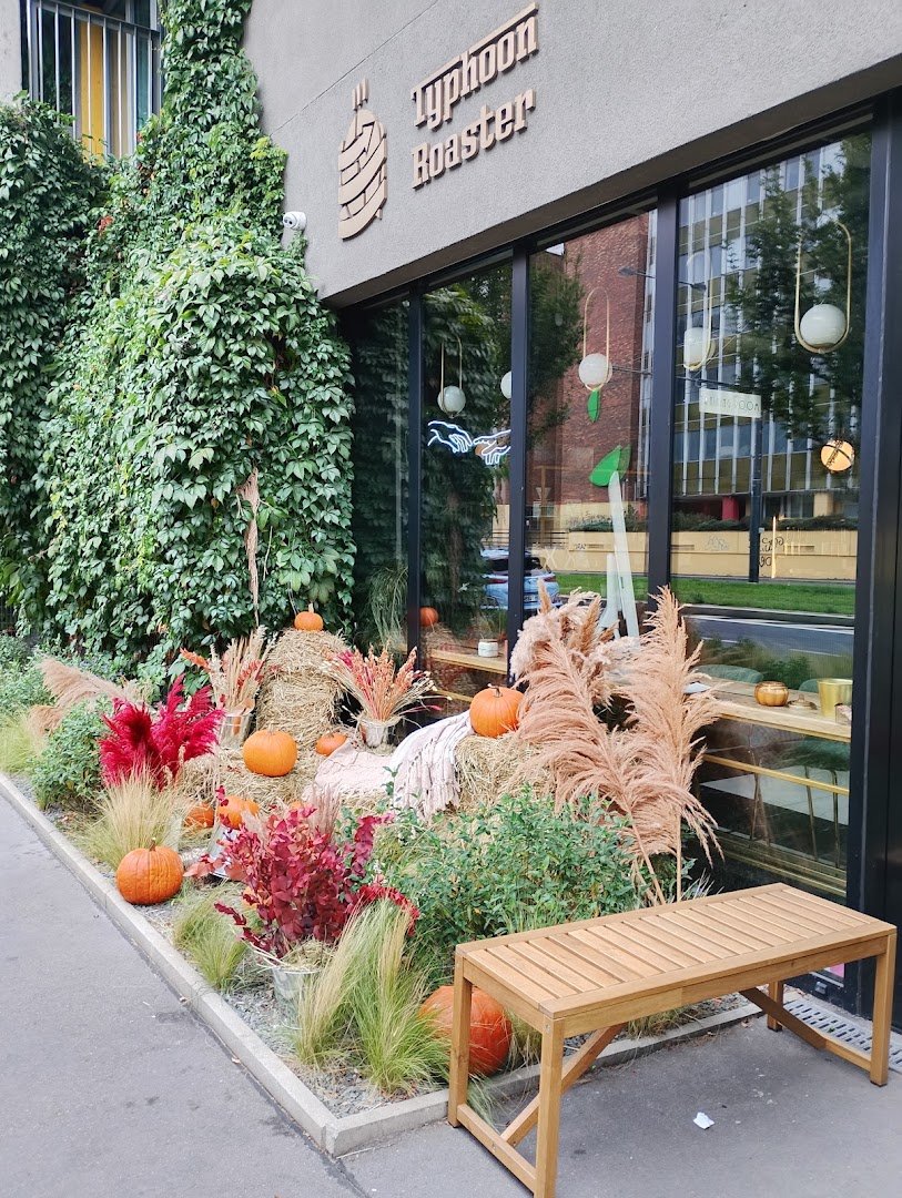 Storefront of Typhoon Coffee, specialty coffee shop in Prague