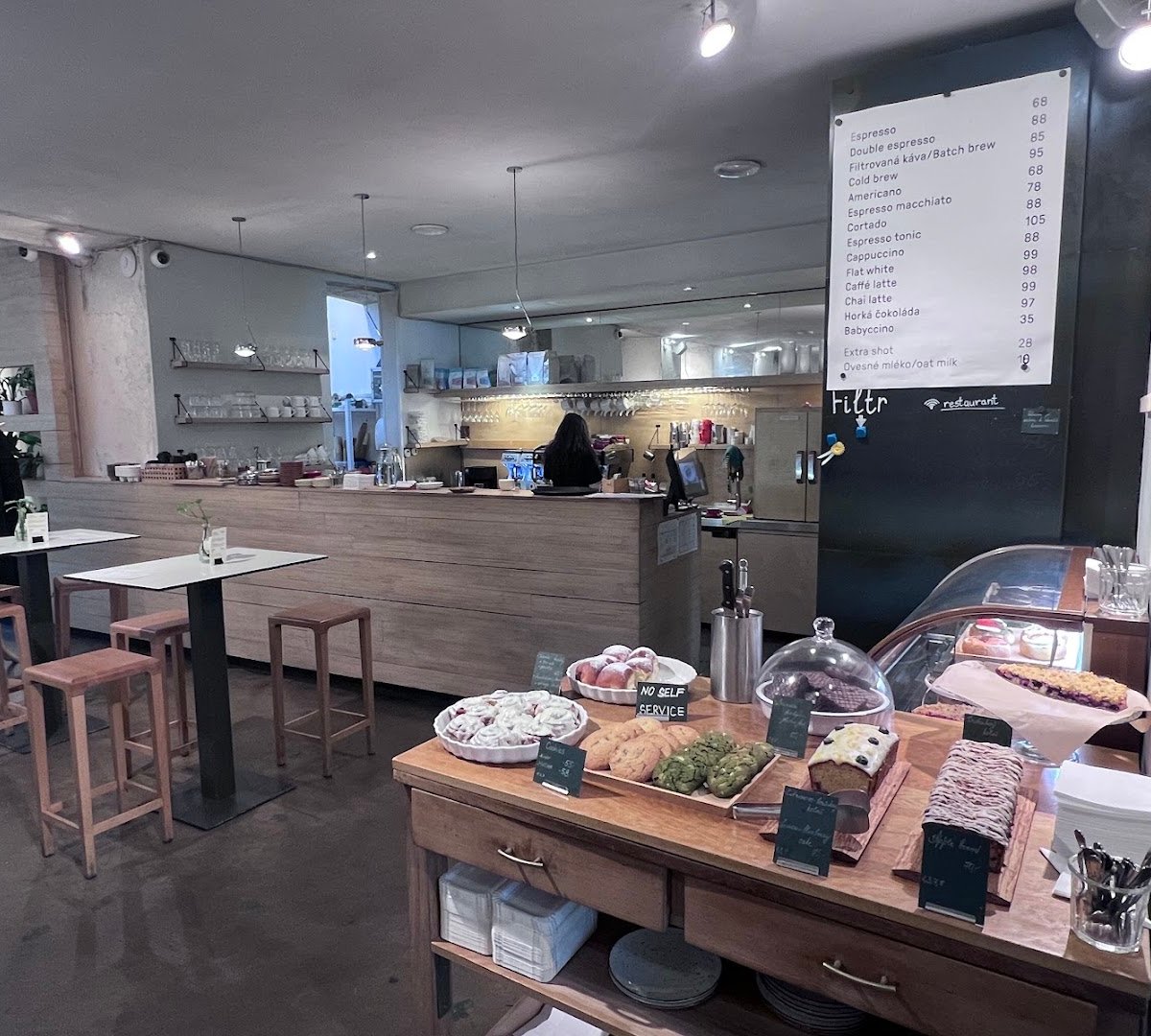 Interior of Mistral Cafe, specialty coffee shop in Prague