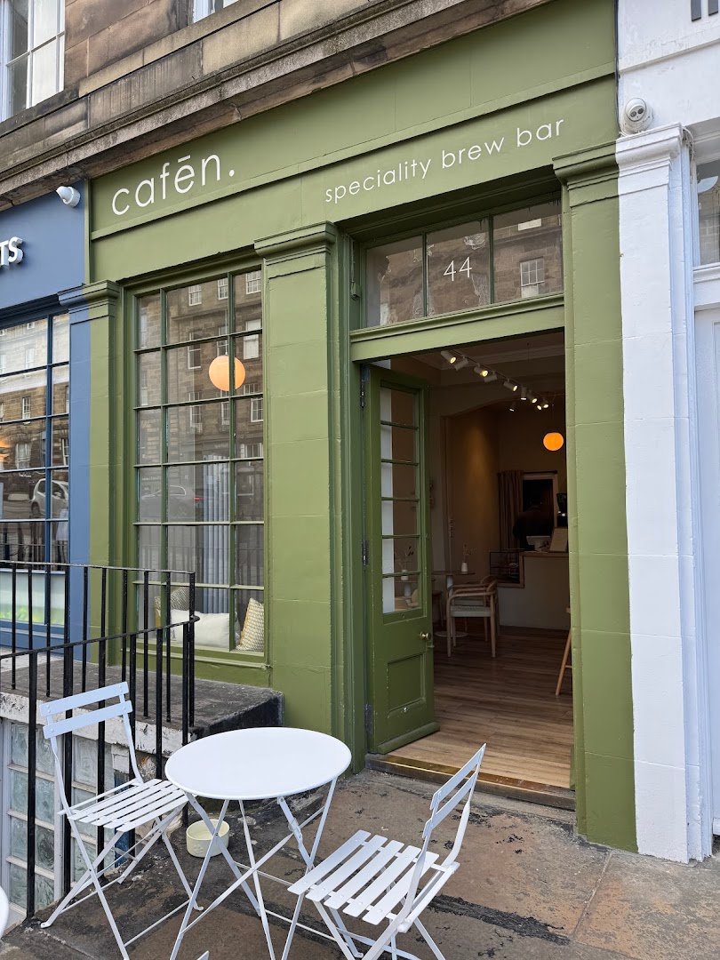 Storefront of cafēn., specialty coffee shop in Edinburgh